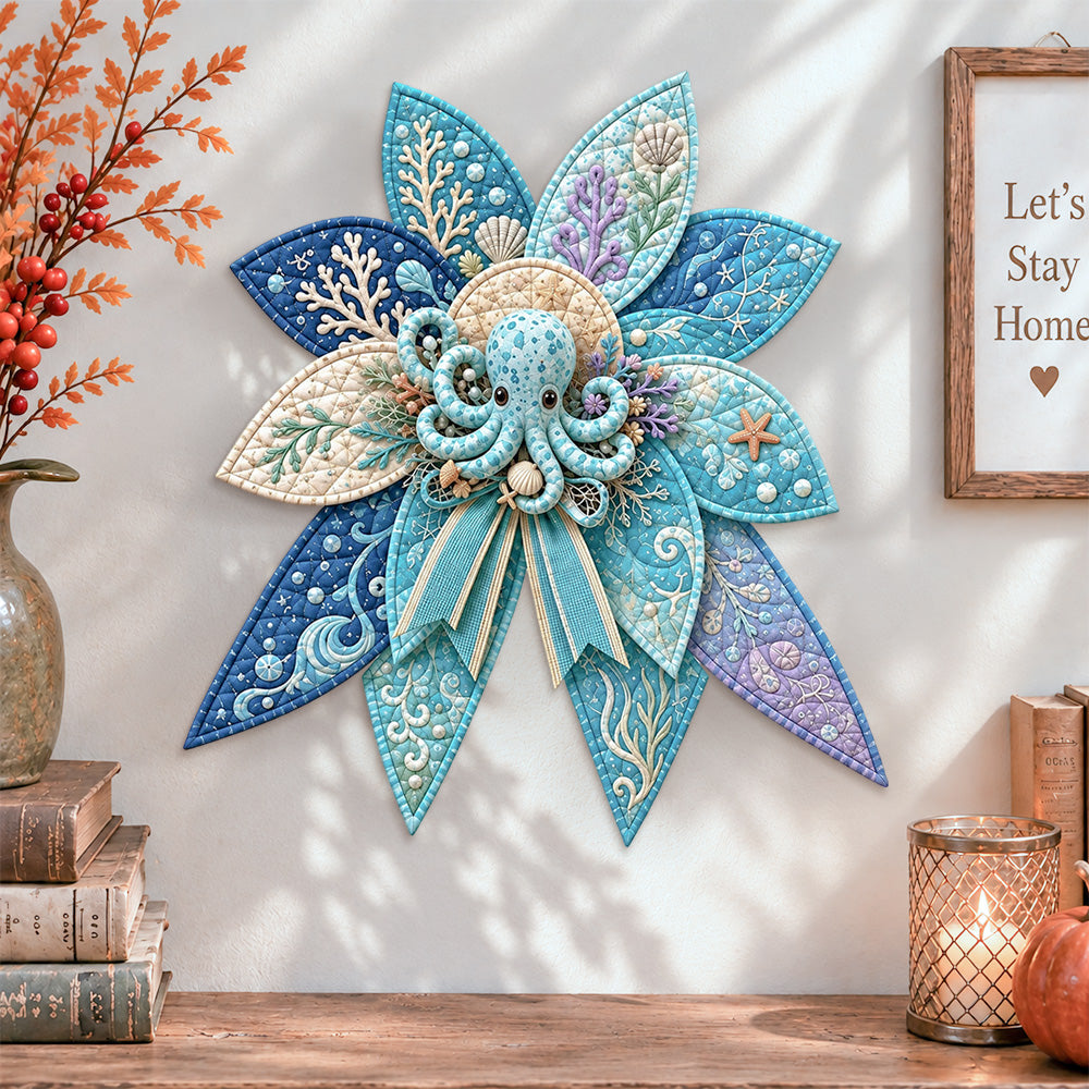 Ocean octopus quilted bow displayed as handmade wall decor in a cozy home