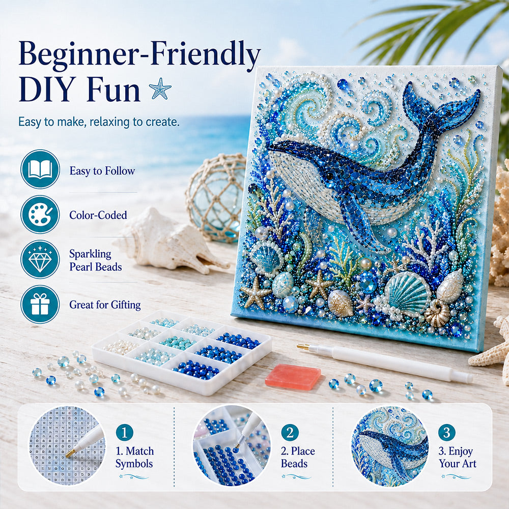Step-by-step process for placing pearls on the printed ocean design
