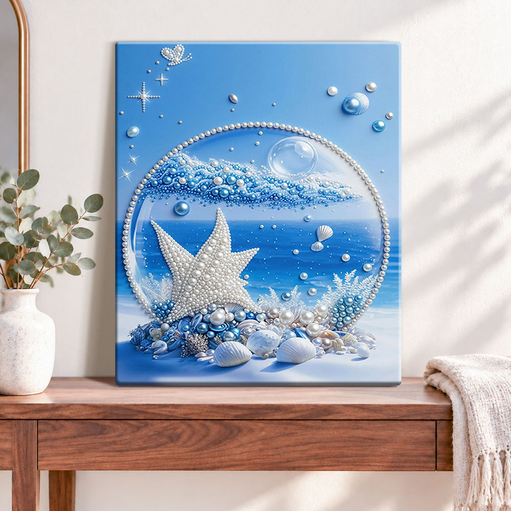 Finished ocean pearl dreamscape pearl diamond painting artwork displayed as home decor