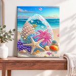 Finished ocean pearl egg on sandy beach pearl diamond painting artwork displayed as home decor