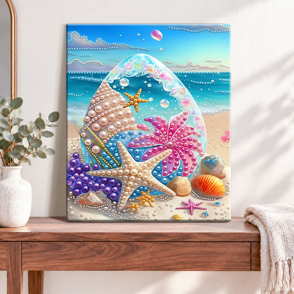 Finished ocean pearl egg on sandy beach pearl diamond painting artwork displayed as home decor
