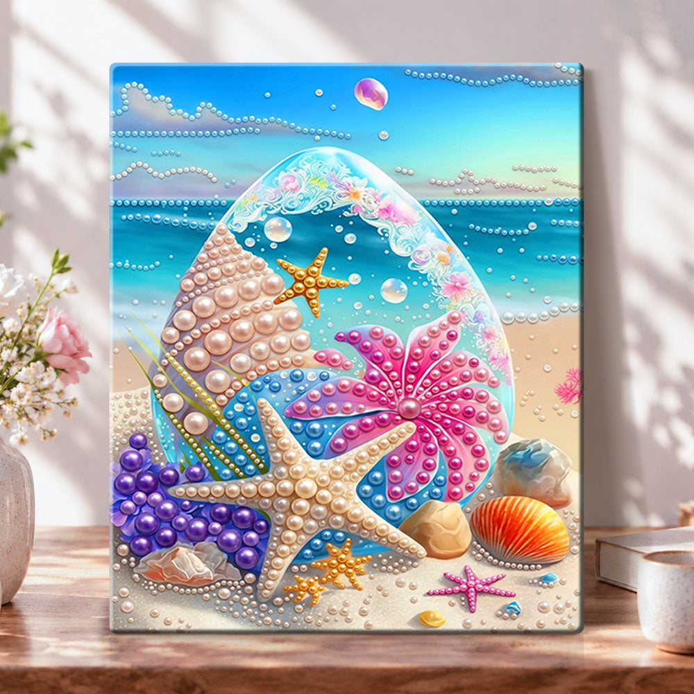 Ocean pearl egg on sandy beach pearl diamond painting kit for beginners