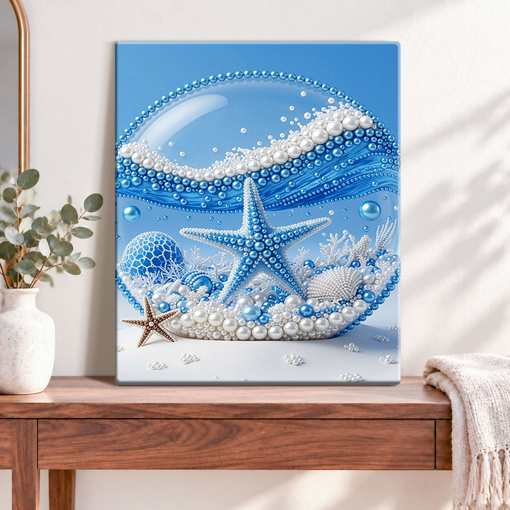 Finished ocean pearl starfish pearl diamond painting artwork displayed as home decor