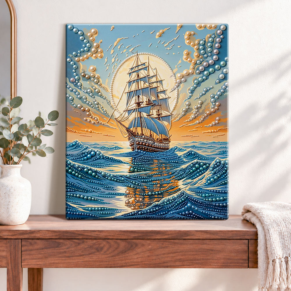 Finished ocean sailing vessel pearl diamond painting artwork displayed as home decor