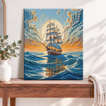 Finished ocean sailing vessel pearl diamond painting artwork displayed as home decor