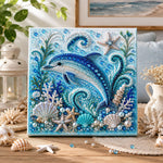 Finished ocean sparkling dolphin pearl diamond painting artwork displayed as home decor