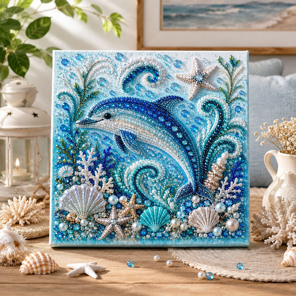 Finished ocean sparkling dolphin pearl diamond painting artwork displayed as home decor