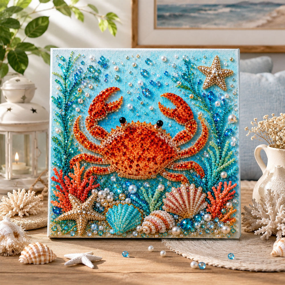 Finished ocean vibrant crab pearl diamond painting artwork displayed as home decor