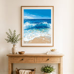 Finished ocean wave splash cross stitch artwork displayed as home decor
