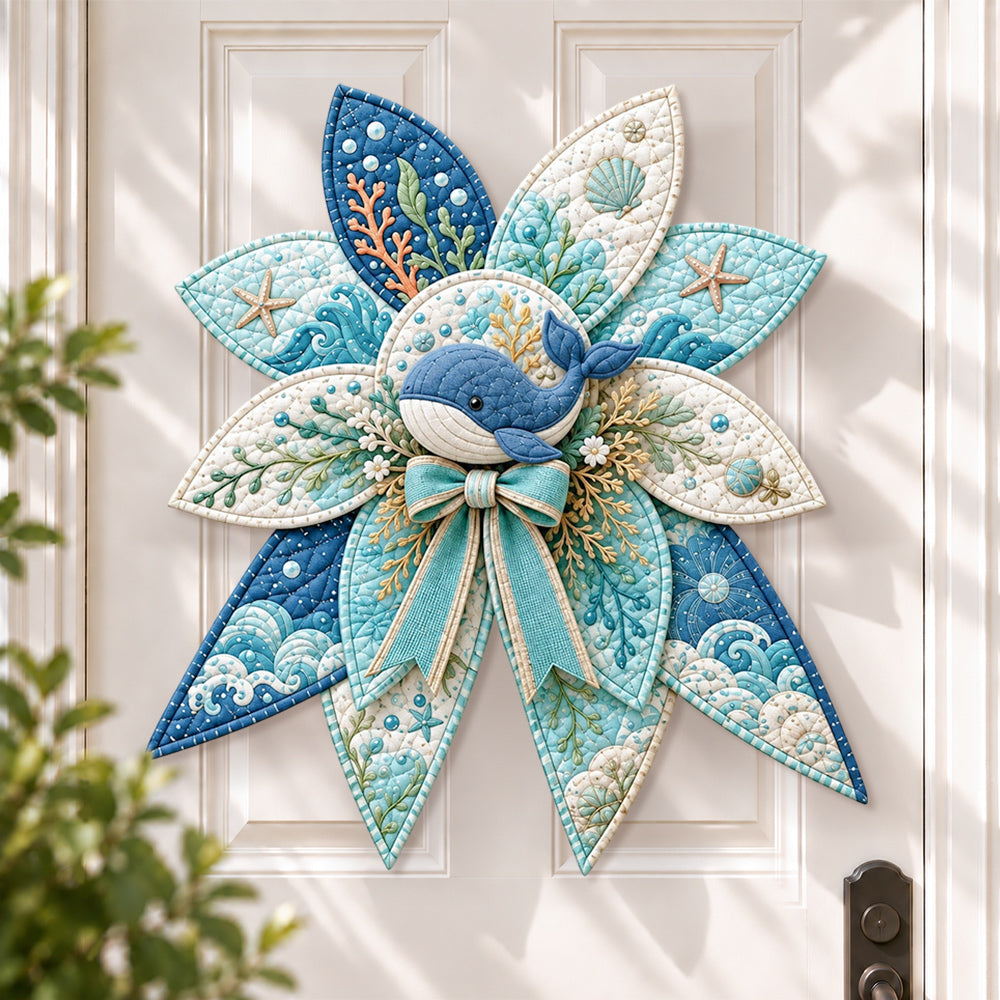 Ocean whale DIY quilted bow sewing kit finished as a handmade door decoration