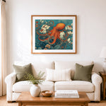 Finished octopus surrounded by blooms cross stitch artwork displayed as home decor