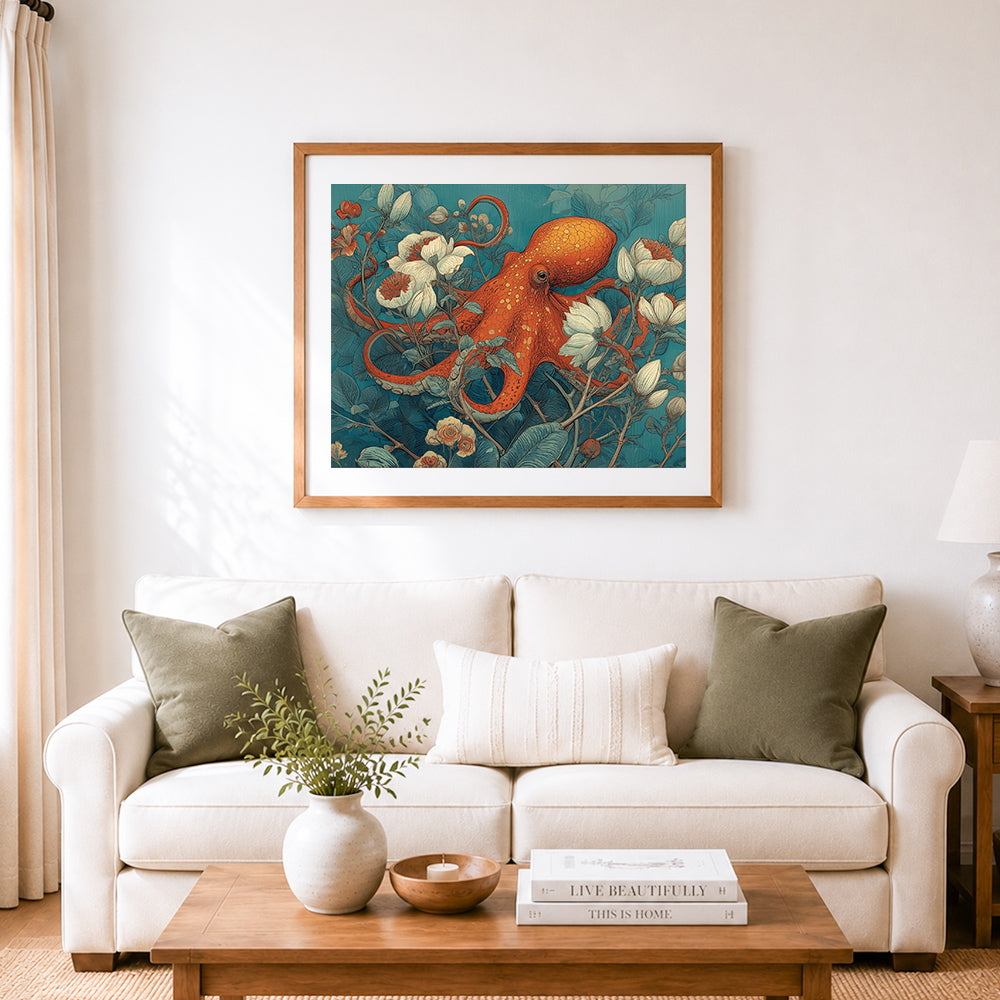 Finished octopus surrounded by blooms cross stitch artwork displayed as home decor