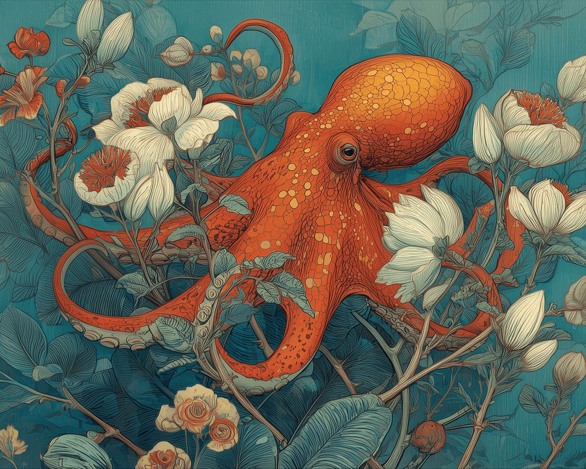 Octopus surrounded by blooms cross stitch kit for beginners