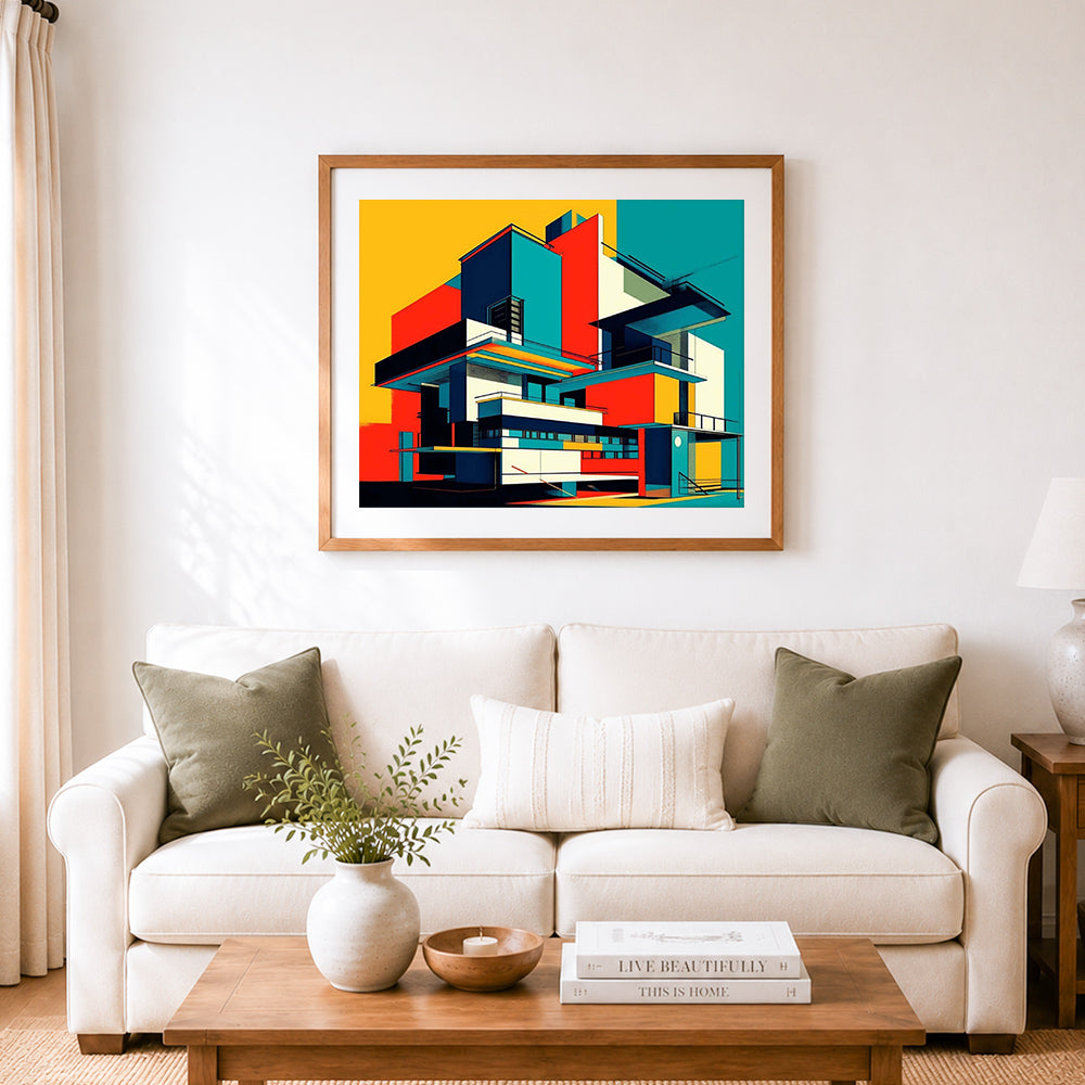 Finished old color block building cross stitch artwork displayed as home decor