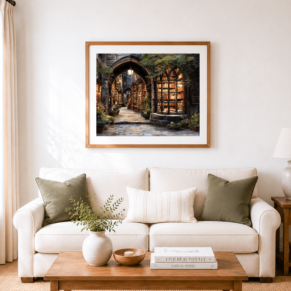 Finished old stone archway bookshop cross stitch artwork displayed as home decor