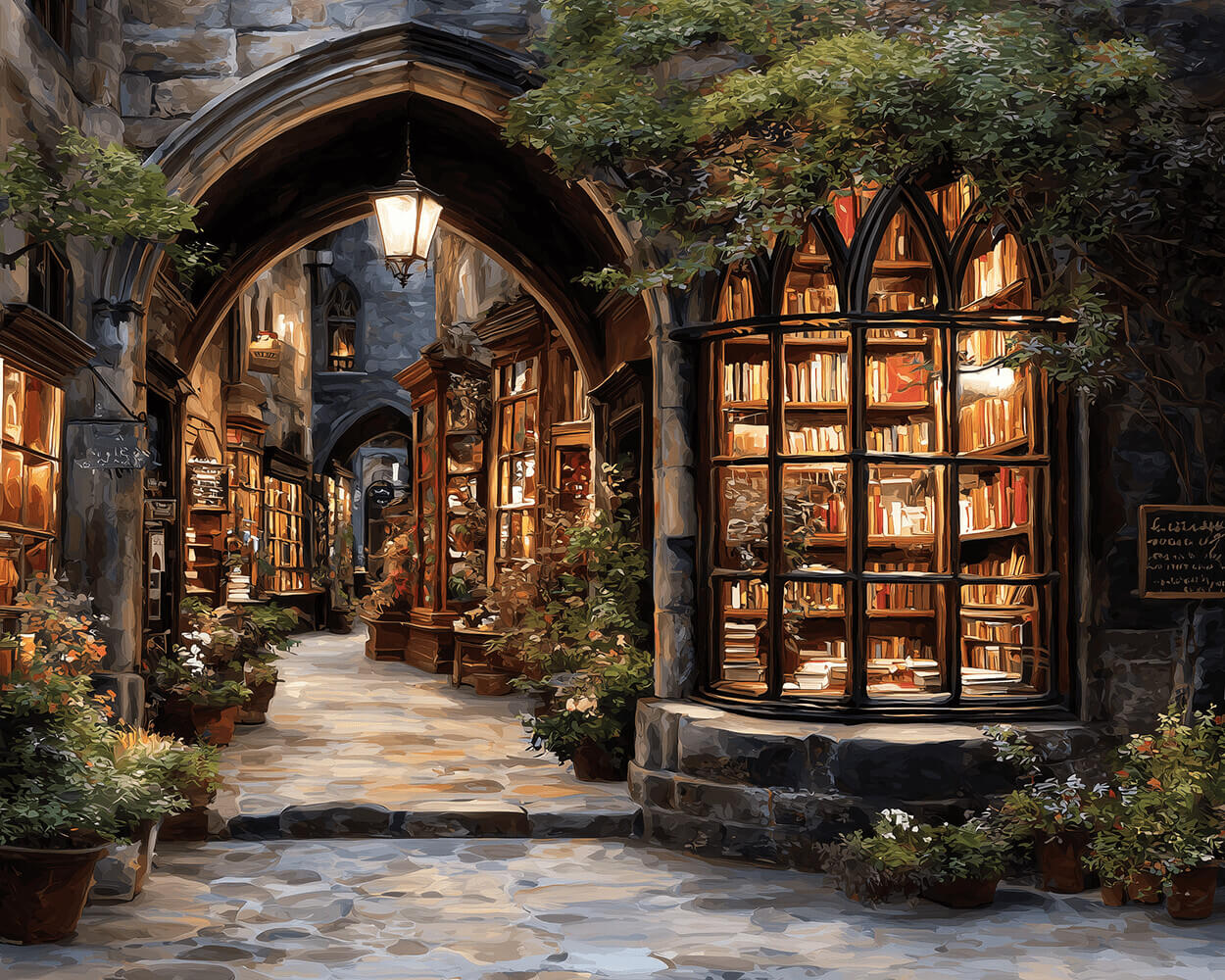 Old stone archway bookshop cross stitch kit for beginners