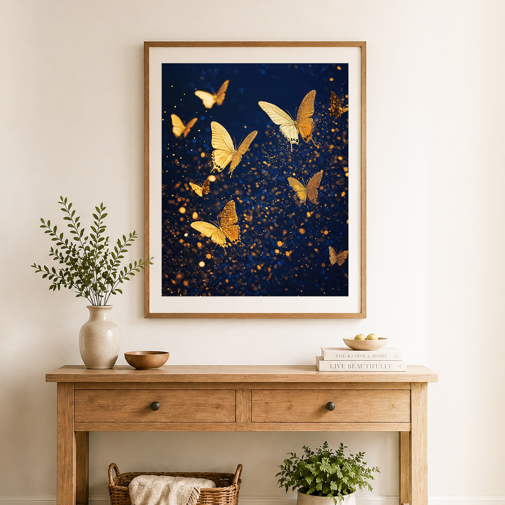 Finished olden glitter butterflies in starry sky cross stitch artwork displayed as home decor