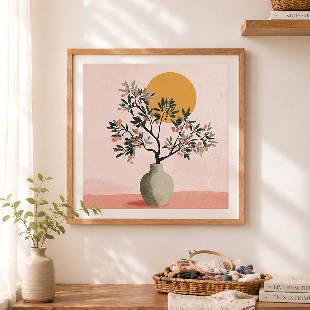 Finished olive branch in vase under sun cross stitch artwork displayed as home decor