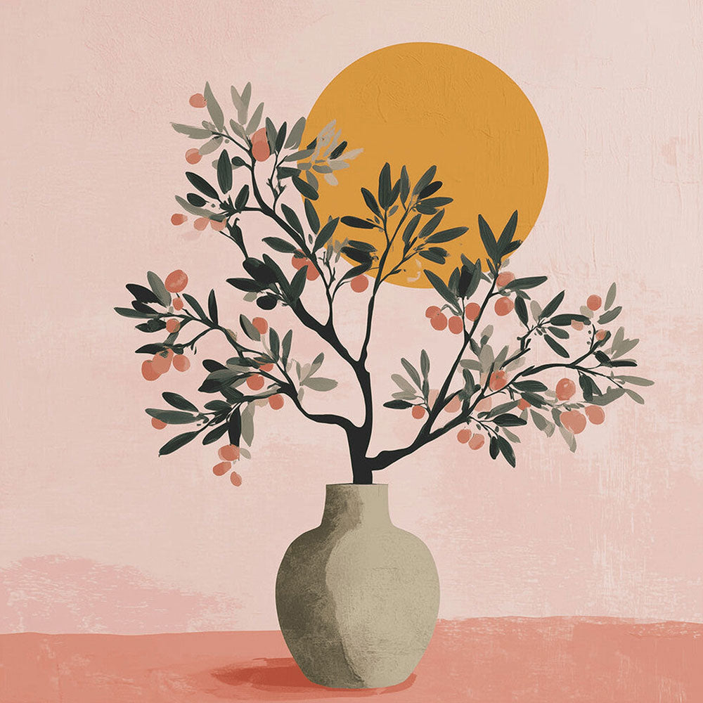 Olive branch in vase under sun cross stitch kit for beginners