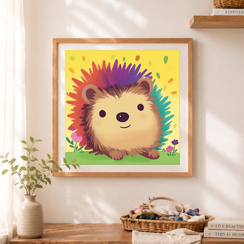 Finished olorful cheerful hedgehog cross stitch artwork displayed as home decor