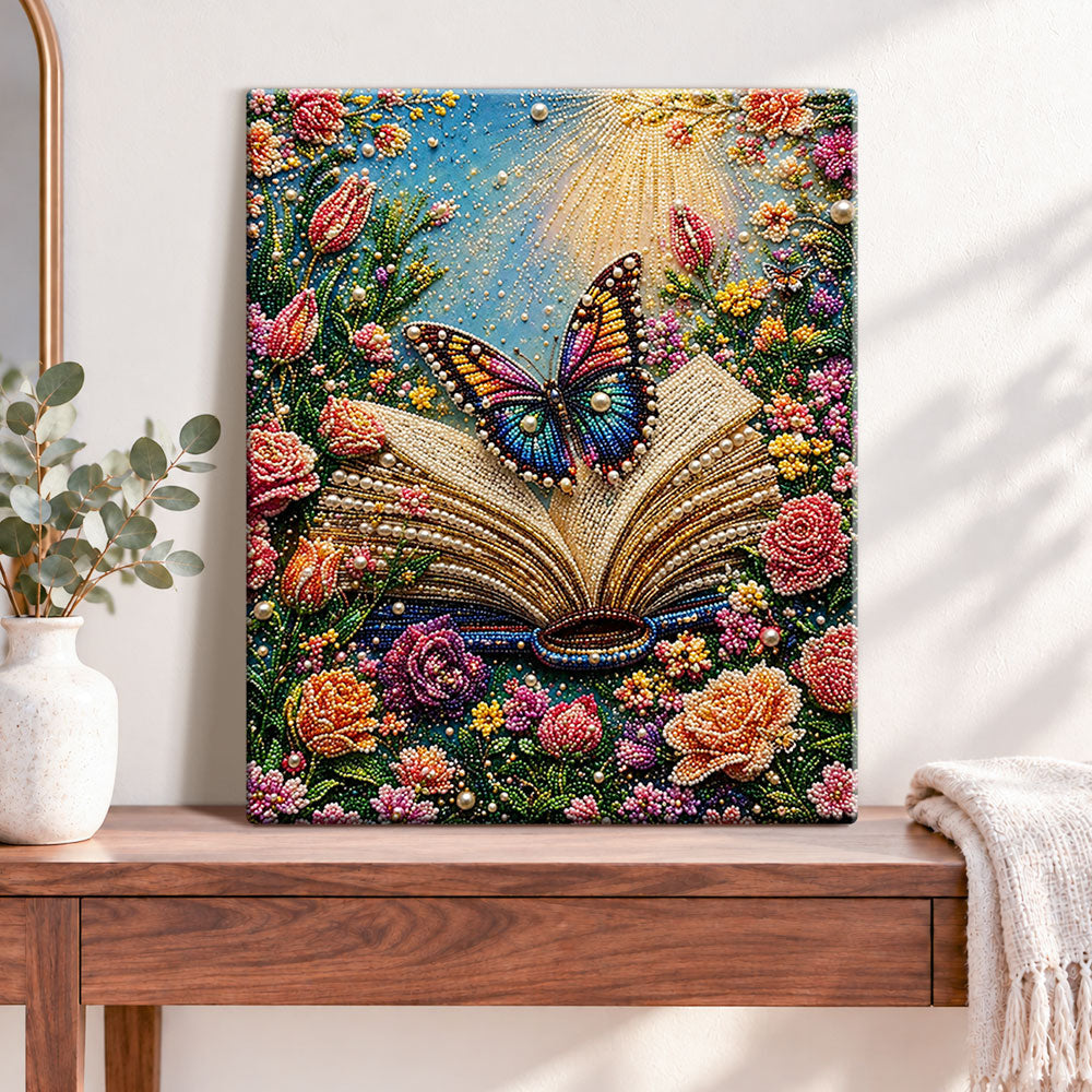 Finished open book with floral butterfly pearl diamond painting artwork displayed as home decor