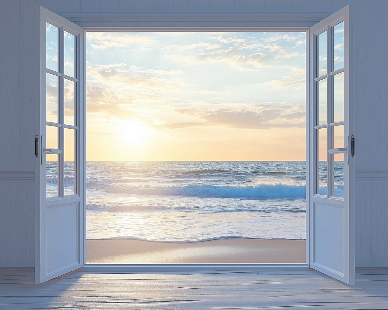 Open white doors to a peaceful beach sunrise cross stitch kit for beginners