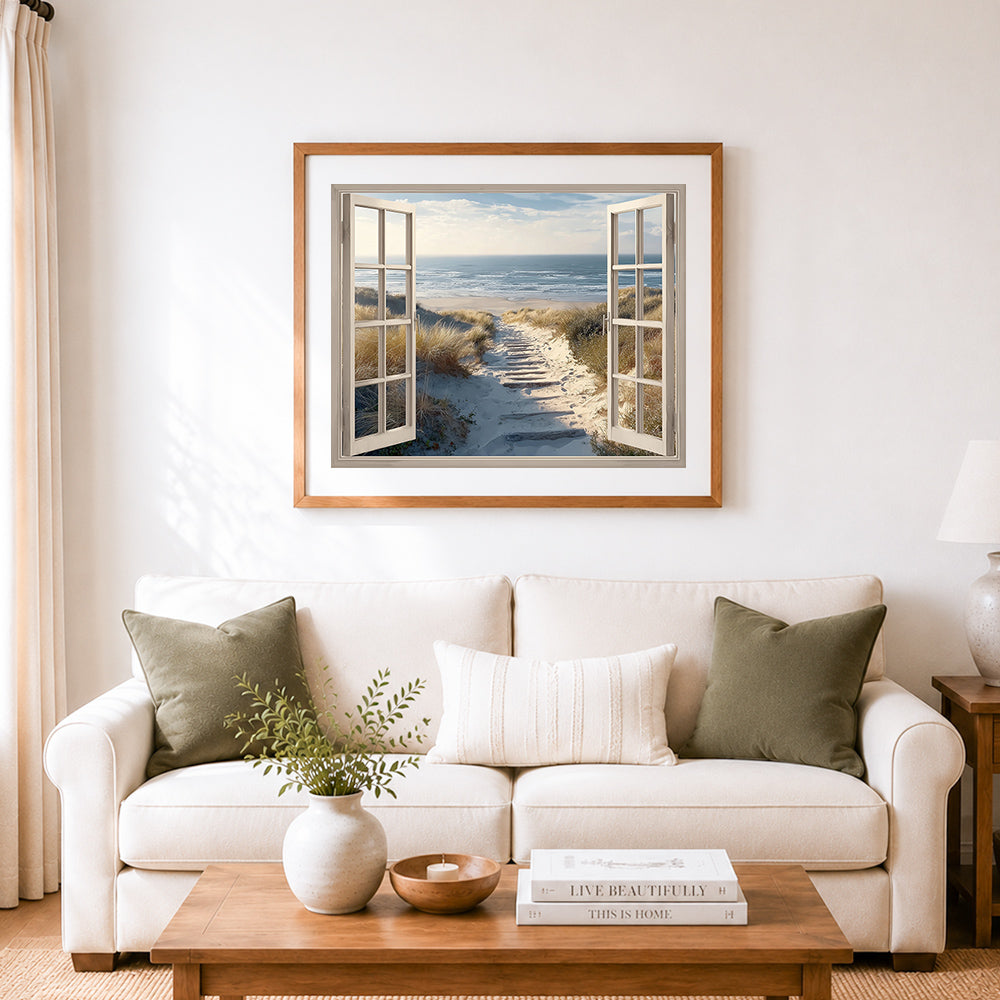 Finished open window to boardwalk and beach cross stitch artwork displayed as home decor