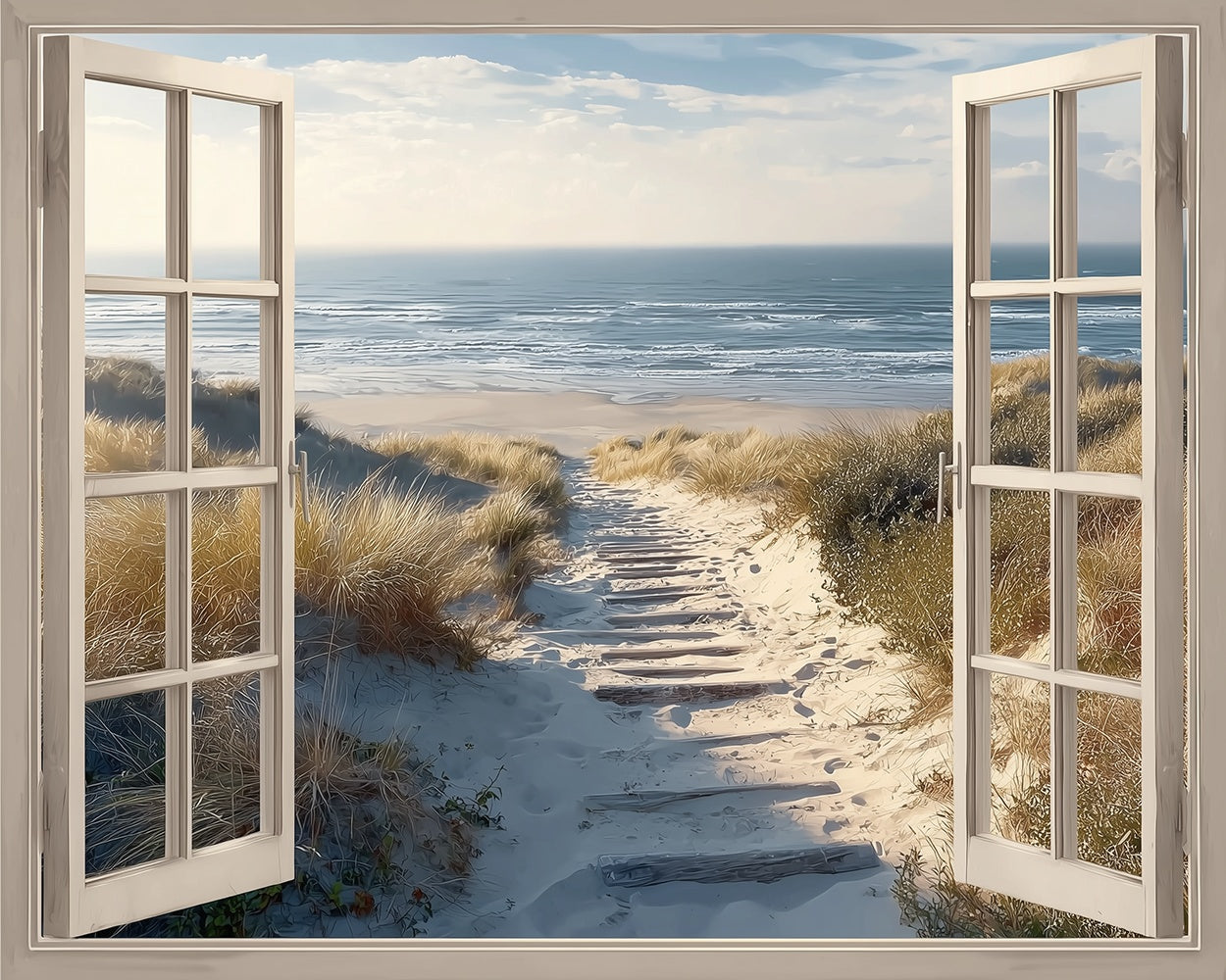 Open window to boardwalk and beach cross stitch kit for beginners