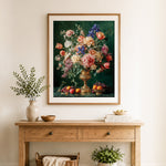 Finished opulent gold vase floral still life cross stitch artwork displayed as home decor