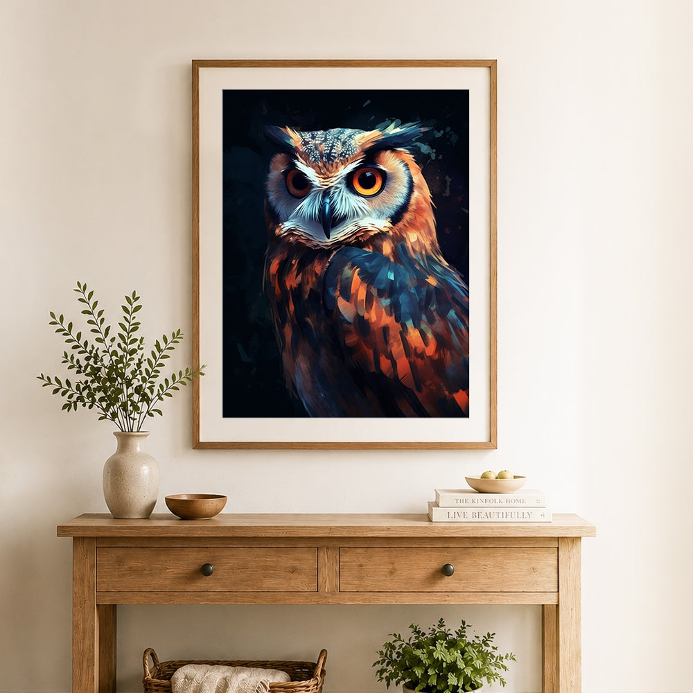 Finished orange and blue owl portrait cross stitch artwork displayed as home decor