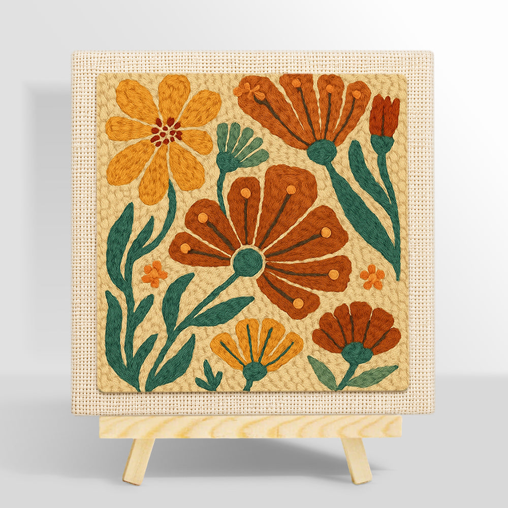 Orange and brown florals punch needle kit for beginners