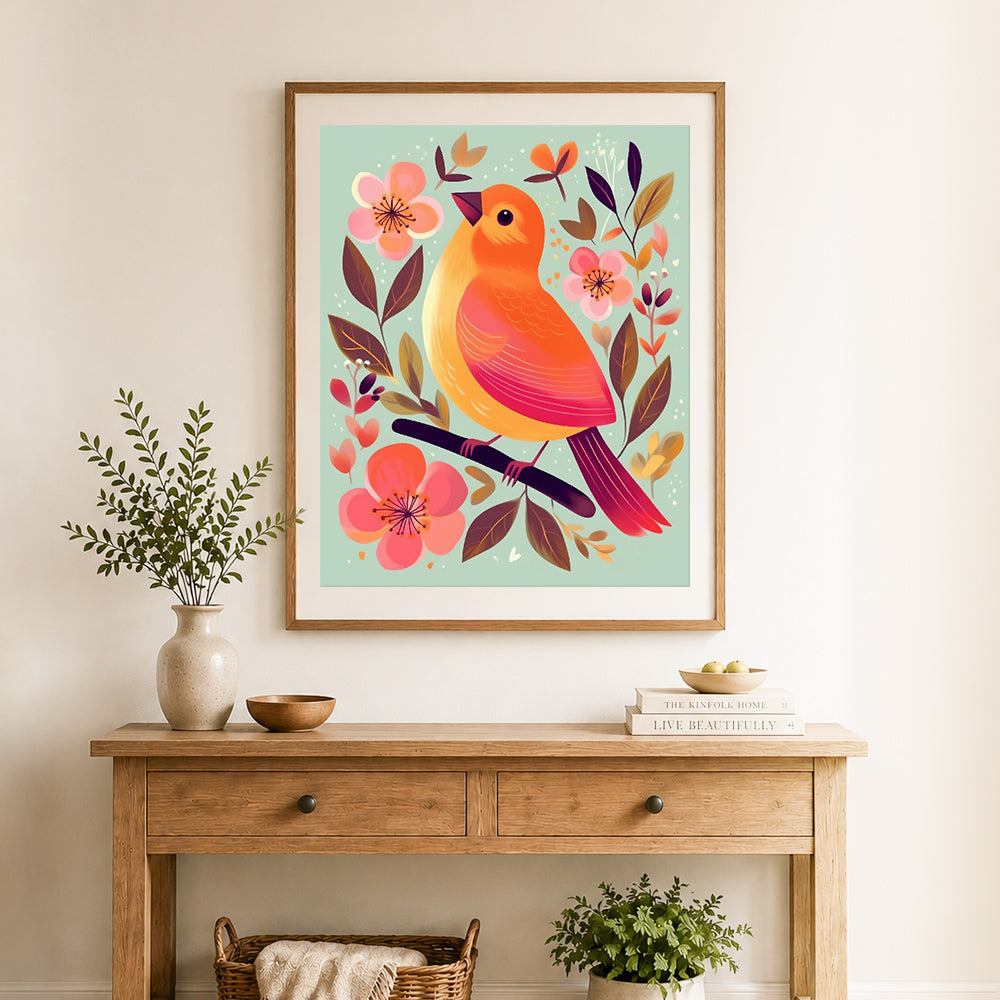Finished orange bird on branch cross stitch artwork displayed as home decor