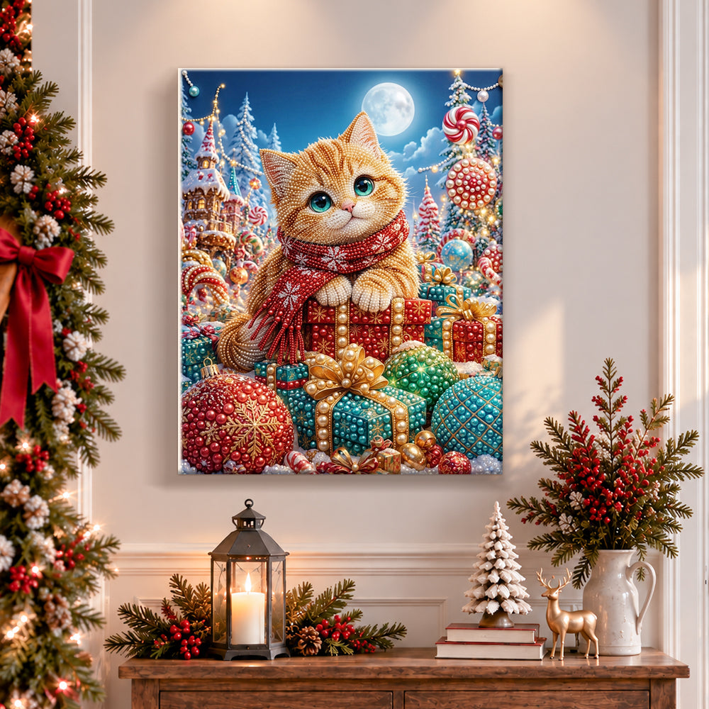 Finished orange cat surrounded by gifts pearl diamond painting artwork displayed as holiday home decor