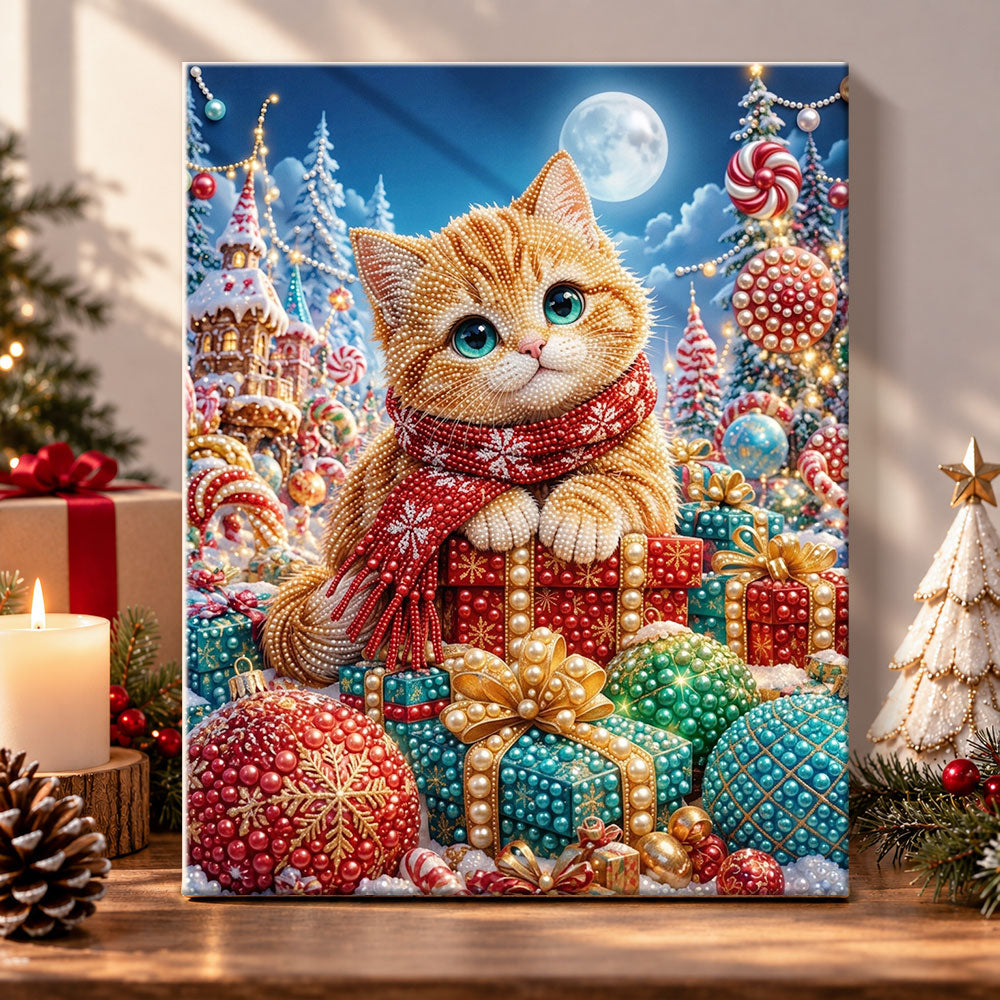 Orange cat surrounded by gifts pearl diamond painting kit for beginners