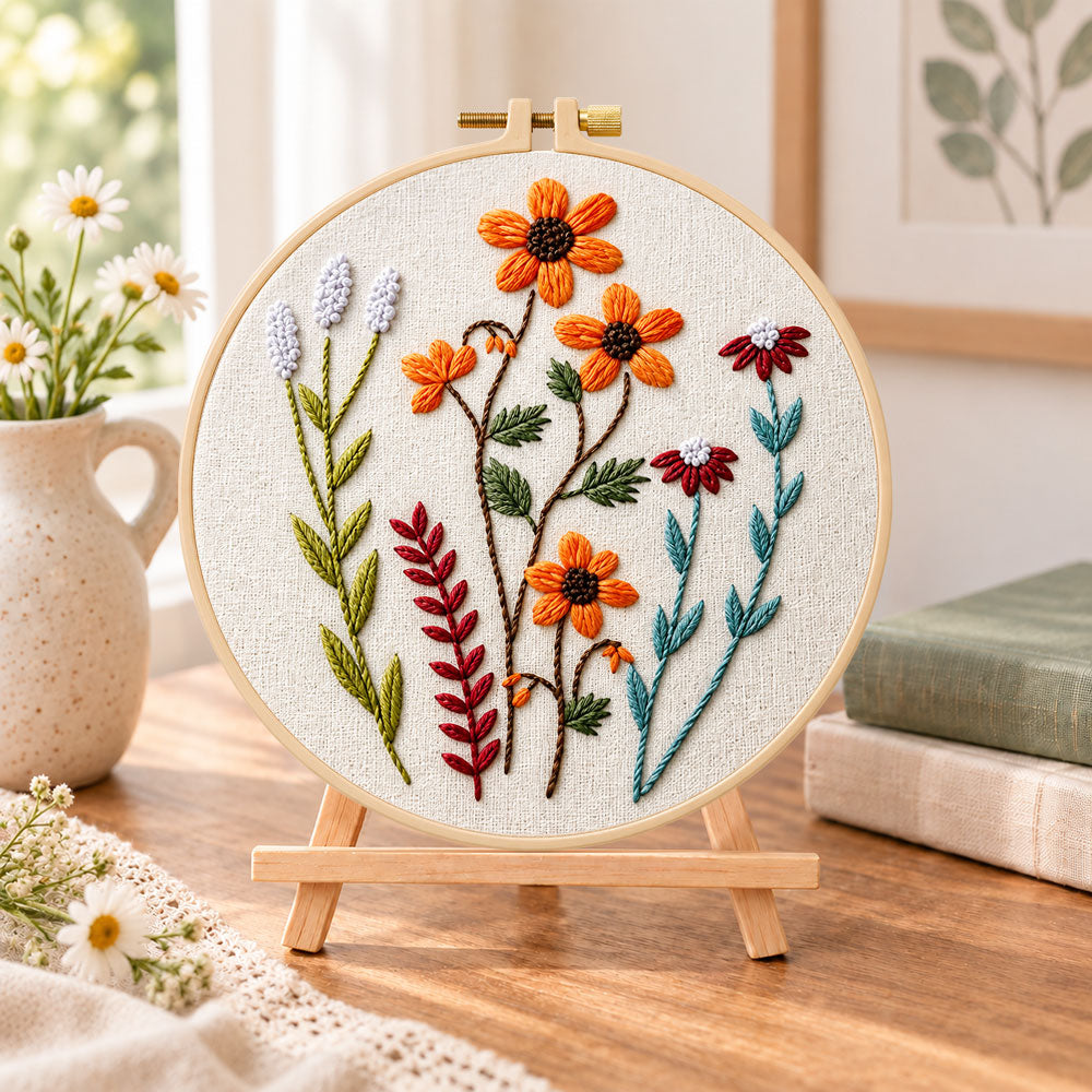 Orange daisy wildflower embroidery kit finished hoop displayed on a wooden stand as cozy tabletop decor