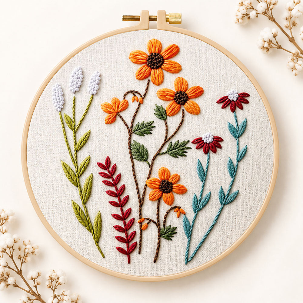 Orange daisy wildflower embroidery kit