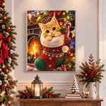 Finished orange kitten in festive stocking pearl diamond painting artwork displayed as holiday home decor