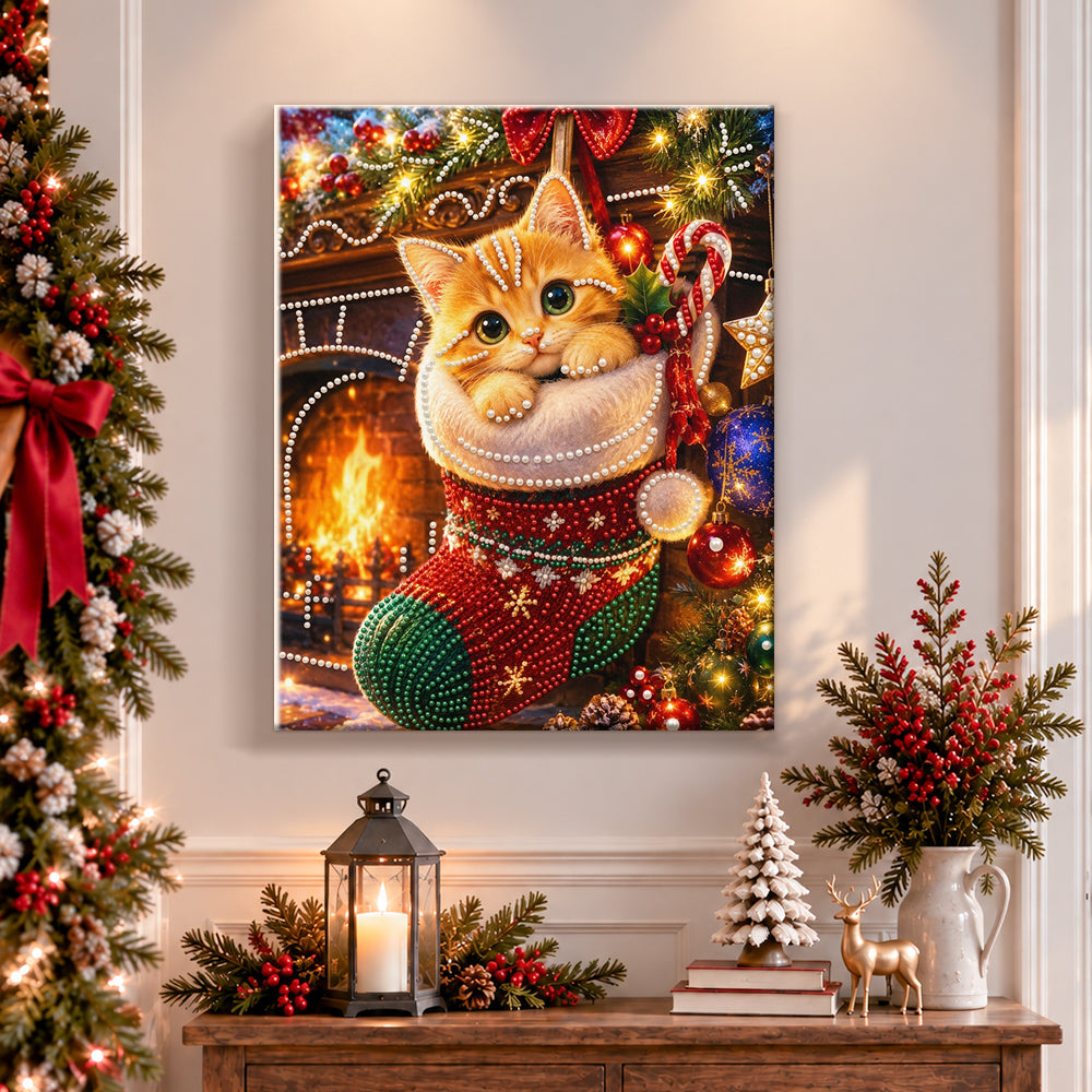 Finished orange kitten in festive stocking pearl diamond painting artwork displayed as holiday home decor