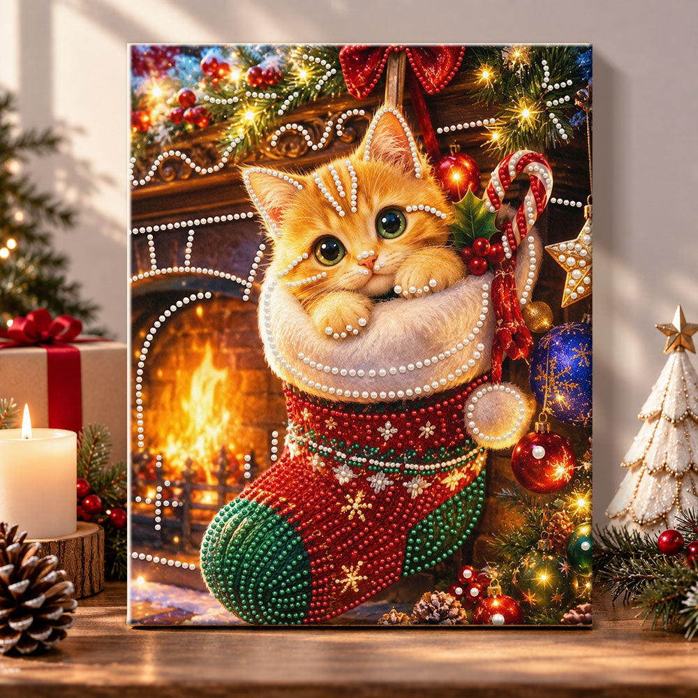 Orange kitten in festive stocking pearl diamond painting kit for beginners