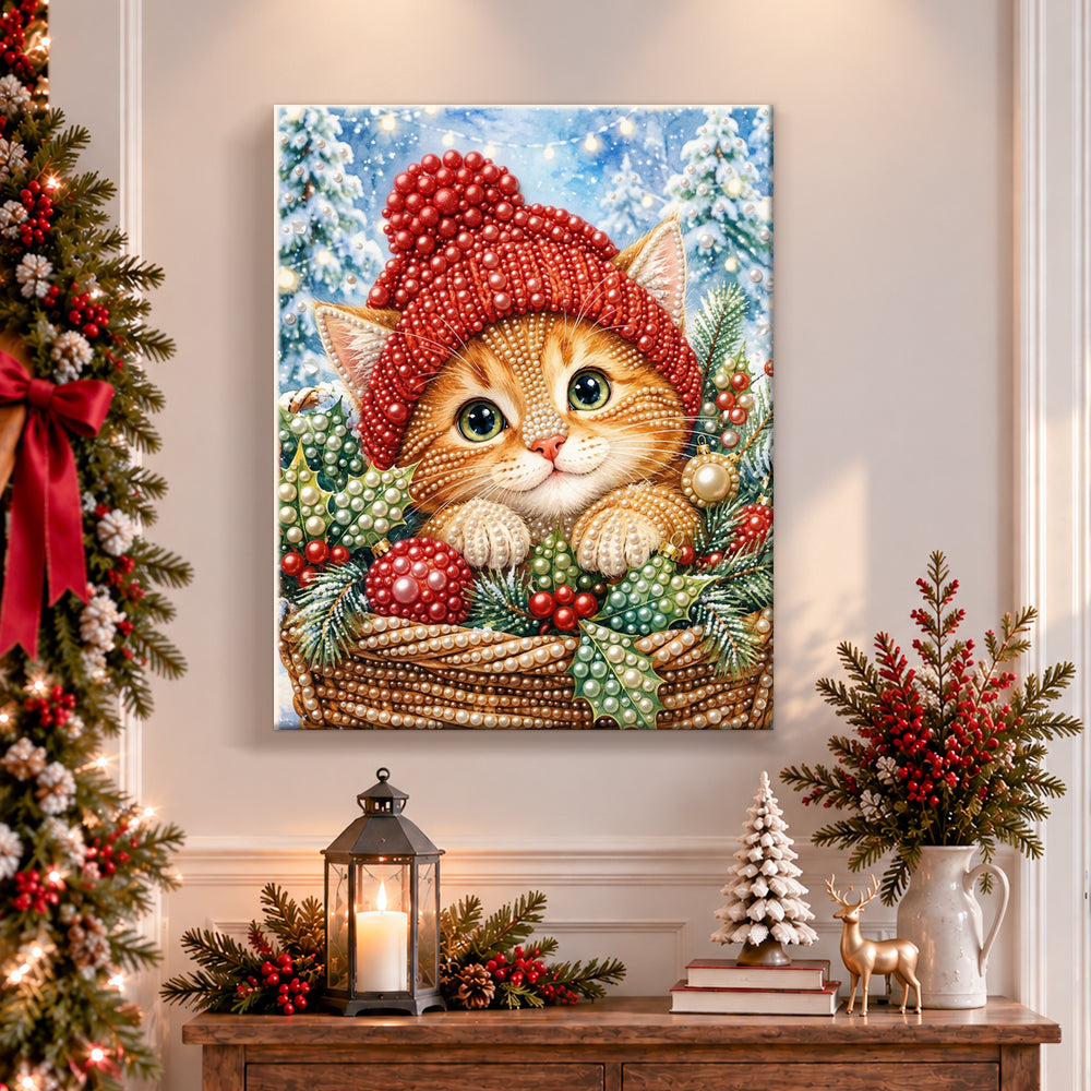 Finished orange kitten in holiday basket pearl diamond painting artwork displayed as holiday home decor