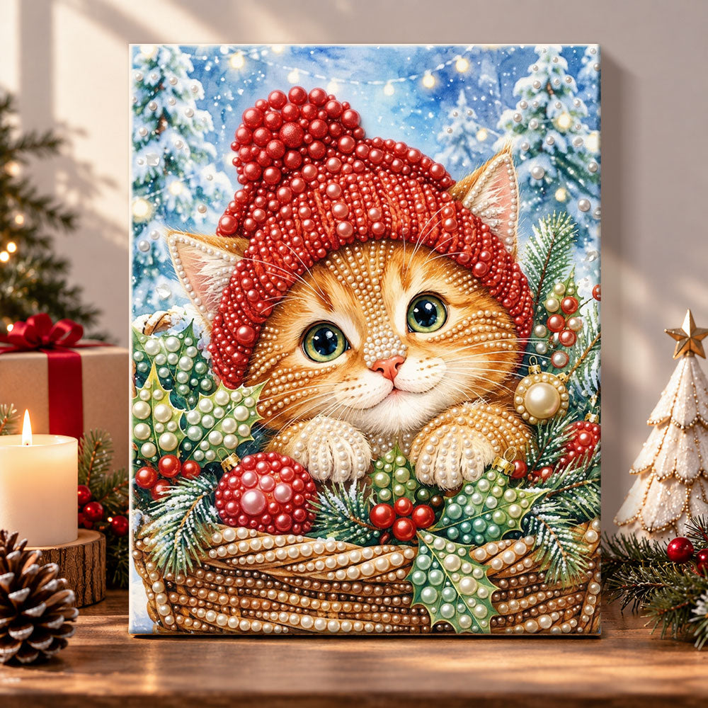 Orange kitten in holiday basket pearl diamond painting kit for beginners