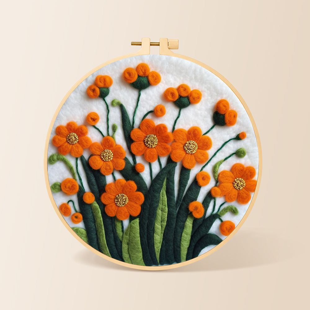 Orange-red flower cluster needle felting kit for beginners with a round wooden frame