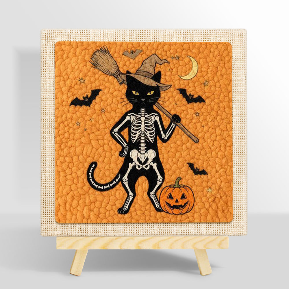 Orange skeleton witch cat punch needle kit for beginners