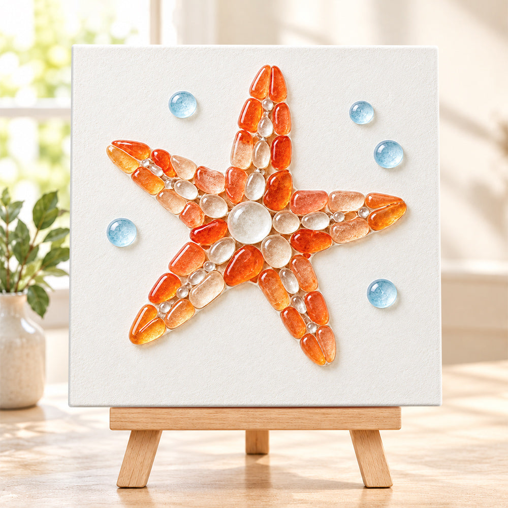 Orange starfish sea glass art kit finished artwork on display