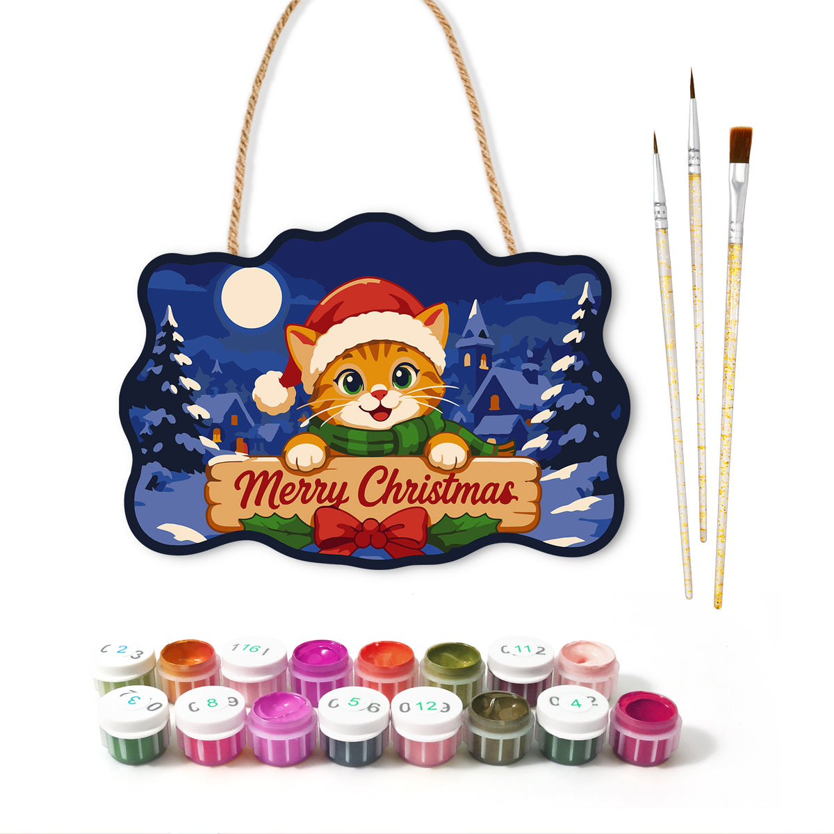 Orange tabby christmas paint by numbers door hanger with paints and brushes
