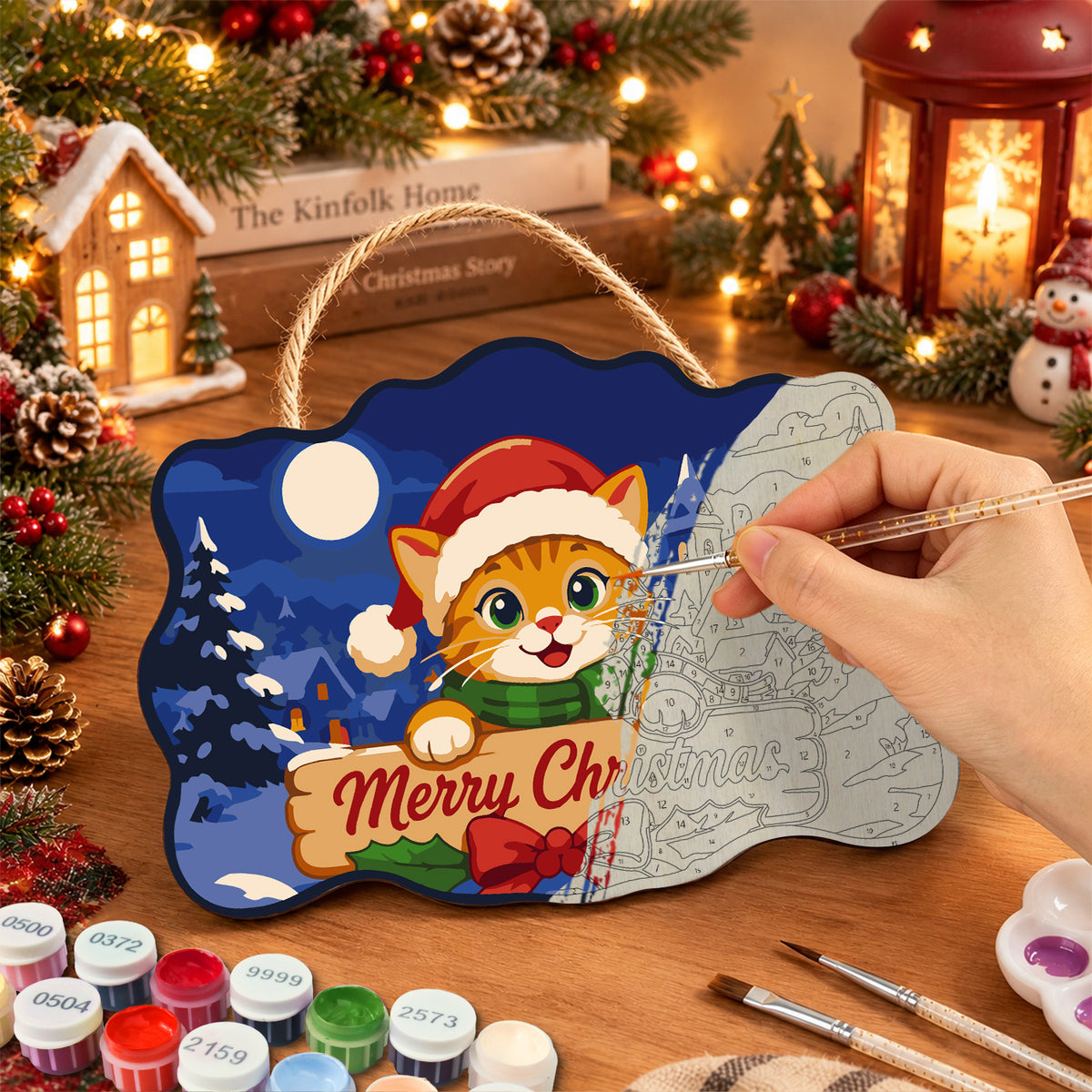 Orange tabby christmas paint by numbers door hanger painting process