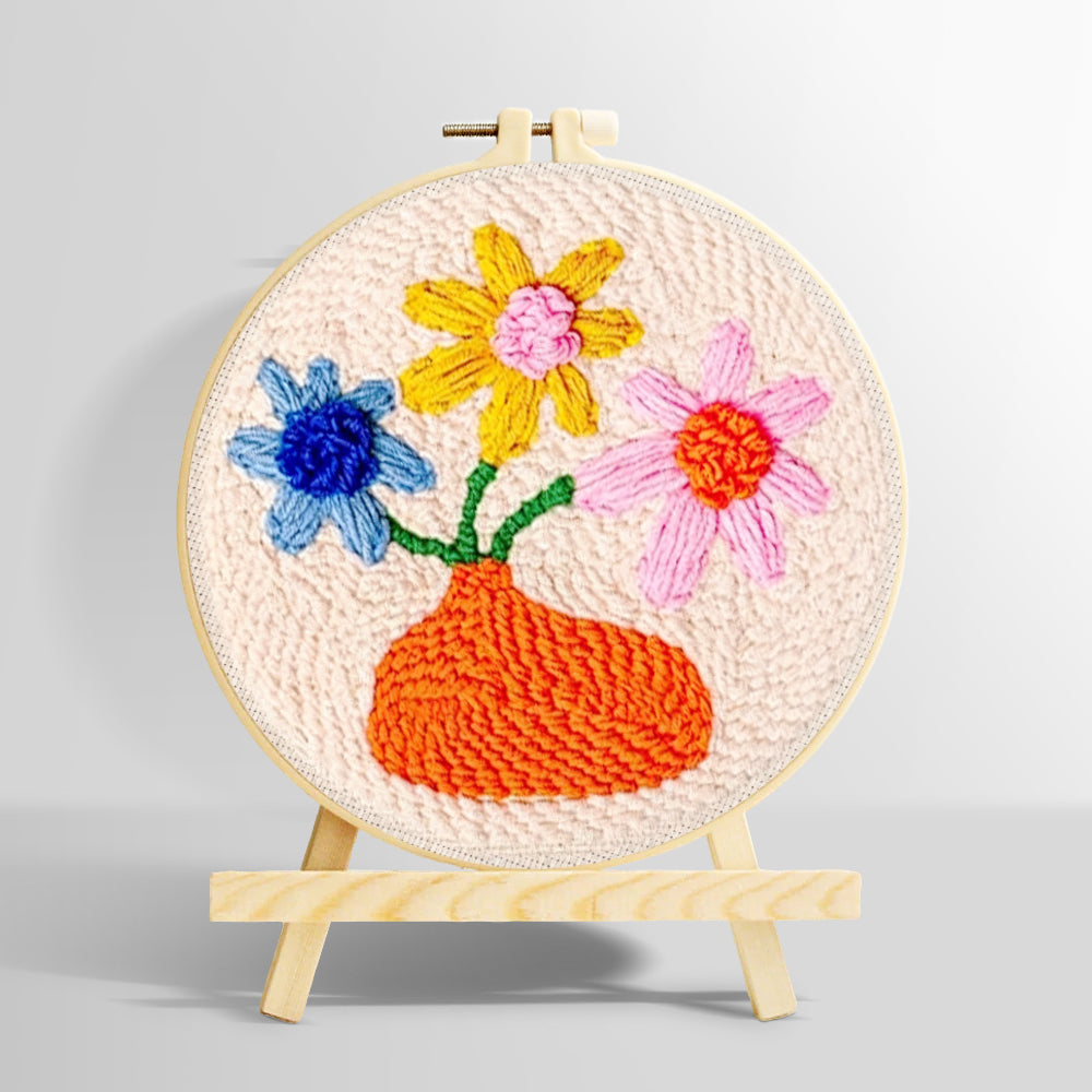 Orange vase with colorful flowers punch needle kit for beginners