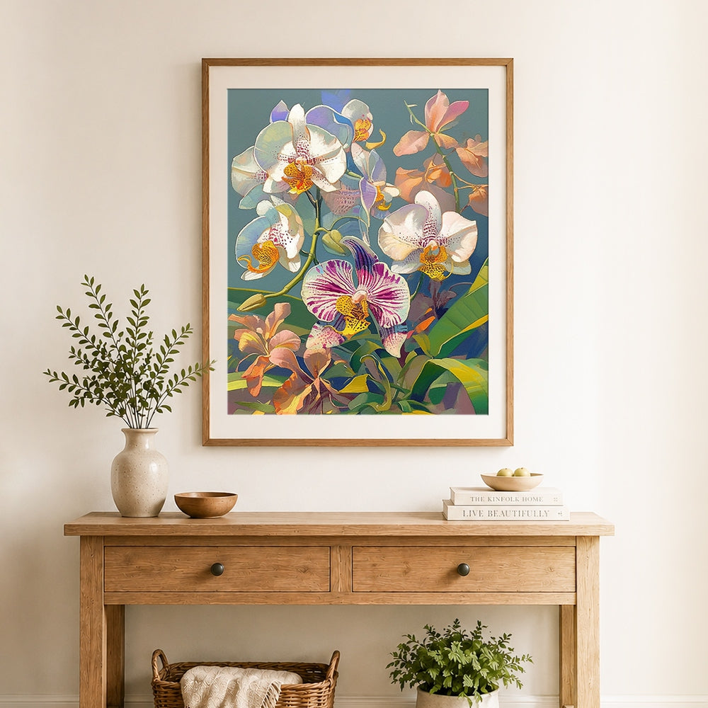 Finished orchid blooms and leaves cross stitch artwork displayed as home decor