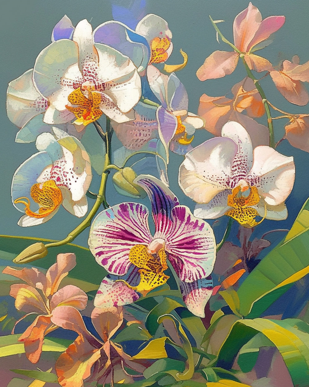 Orchid blooms and leaves cross stitch kit for beginners