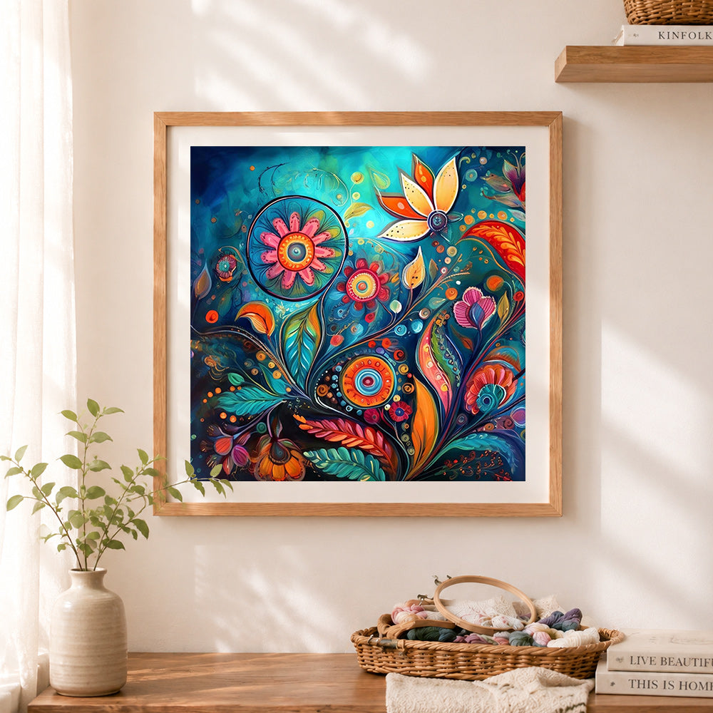 Finished organic swirling floral pattern cross stitch artwork displayed as home decor